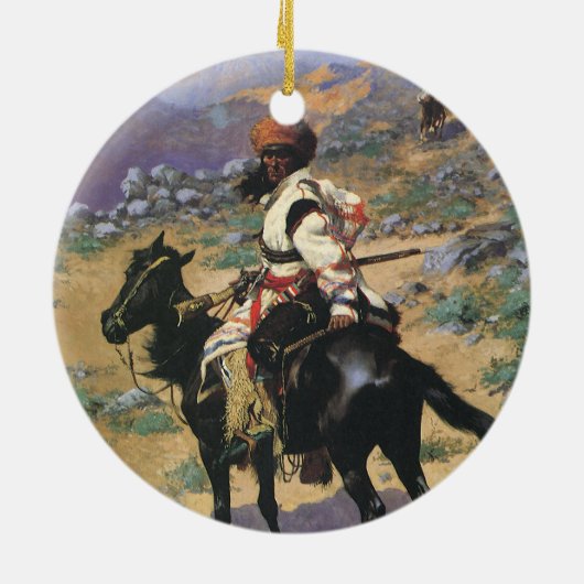 ヴィンテージ ワイルド ウェスト、レミントンによるインディアンのトラッパー セラミックオーナメント (裏面)