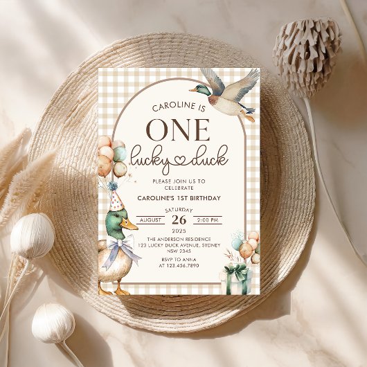 ヴィンテージ ワン ラッキー ダック バルーン 1歳の誕生日 招待状