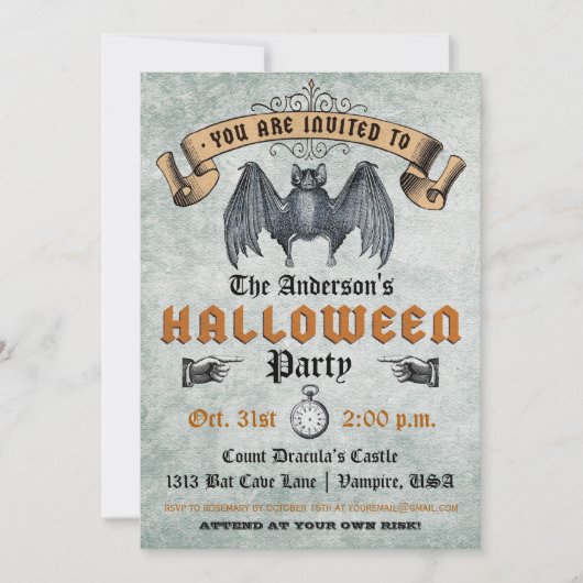 ヴィンテージ ヴァンパイア バット ハロウィン ご招待 招待状 (正面)