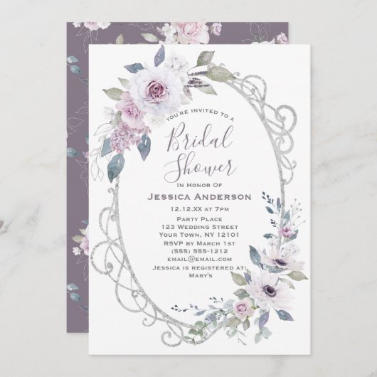 ヴィンテージ ヴィオレット ローズ シルバー ブライダル シャワー 招待状 (正面/裏面)