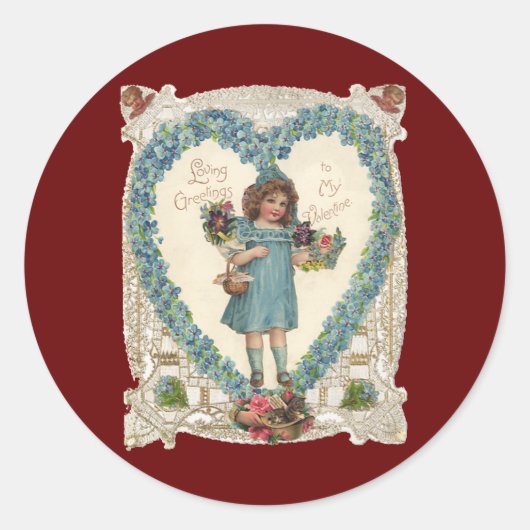 ヴィンテージ ヴィクトリアン バレンタインデー ハートの花輪 ラウンドシール (正面)