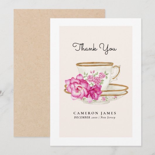 ヴィンテージ ヴィクトリアン フローラル ティーカップ ローズ ティーパーティー サンキューカード (正面/裏面)