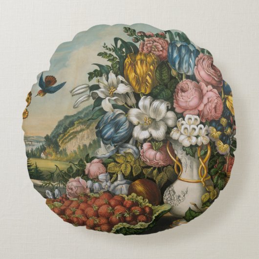 ヴィンテージ ヴィクトリアン 花と果物の静物画 ラウンドクッション (正面)