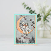 ヴィンテージ、三日月、冬の雪鳥 ポストカード (スタンド正面)