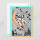 ヴィンテージ、三日月、冬の雪鳥 ポストカード (正面/裏面)