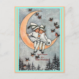 ヴィンテージ、三日月、冬の雪鳥 ポストカード