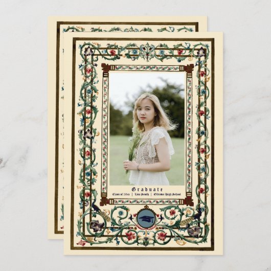 ヴィンテージ「中世」照明付き卒業 招待状 (正面/裏面)