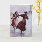 ヴィンテージ – 二人の女性アイススケートで滑る、 カード (黄色い花)