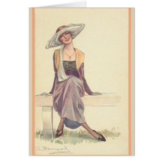 ヴィンテージ – 公園のベンチに微笑むレディ。 (正面)