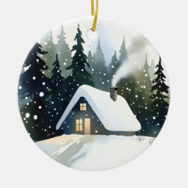 ヴィンテージ 冬のキャビン 水彩クリスマス セラミックオーナメント