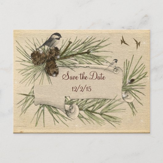 ヴィンテージ,冬,田舎結婚式,日付を保存 案内ポストカード (正面)