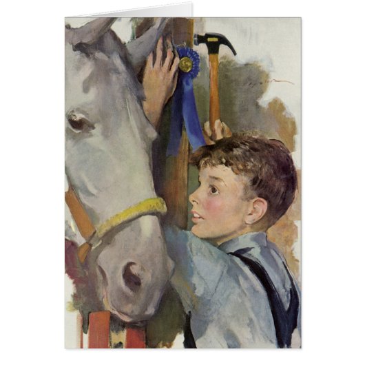 ヴィンテージ 受賞した青いリボンの少年と馬 (正面)