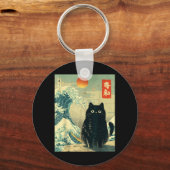 ヴィンテージ 和風 黒 アニメ 猫 神奈川沖浪裏 猫 キーホルダー (正面)