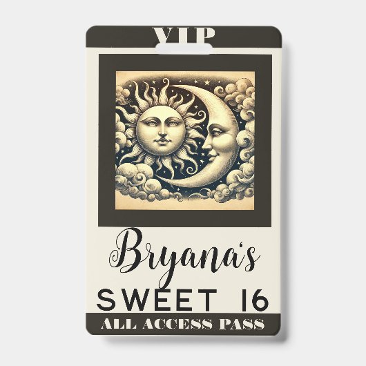 ヴィンテージ 天体 太陽と月 誕生日 VIP パス バッジ (正面)