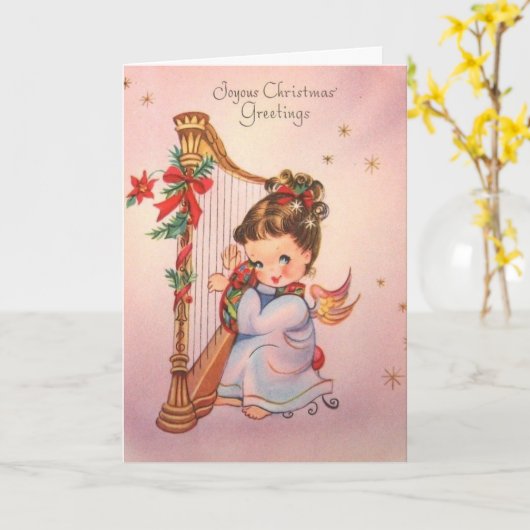 ヴィンテージ – 天使の喜びに満ちたクリスマスの挨拶 カード (黄色い花)