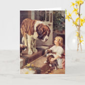 ヴィンテージ – 女の子と彼女の聖ベルナール犬 カード (黄色い花)