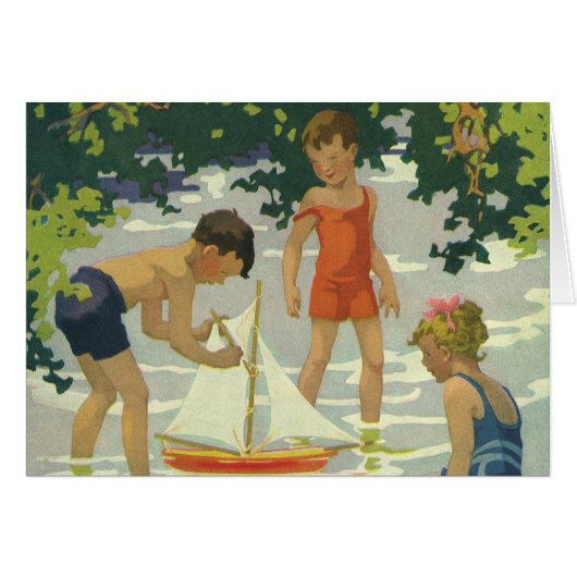 ヴィンテージ 子供たちがおもちゃの帆船で夏の池で遊ぶ (正面横)