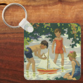 ヴィンテージ 子供たちがおもちゃの帆船で夏の池で遊ぶ キーホルダー (正面)