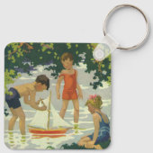 ヴィンテージ 子供たちがおもちゃの帆船で夏の池で遊ぶ キーホルダー (裏面)