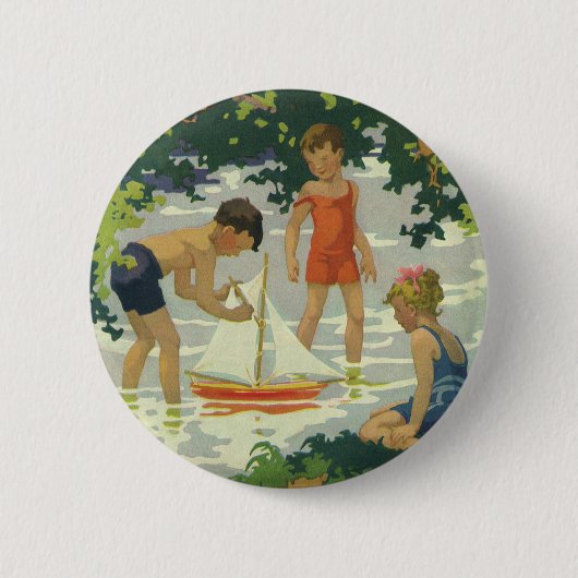 ヴィンテージ 子供たちがおもちゃの帆船 夏の池 缶バッジ (正面)