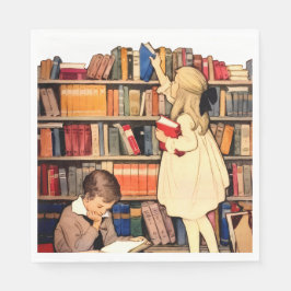 ヴィンテージ 子供 読書 図書館の本 スタンダードランチョンナプキン