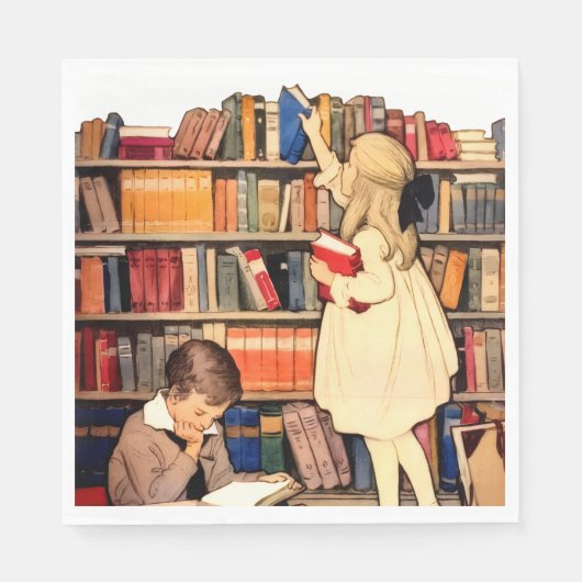 ヴィンテージ 子供 読書 図書館の本 スタンダードランチョンナプキン (正面)