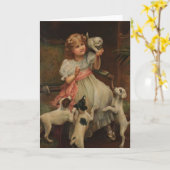 ヴィンテージ-小さな女の子および彼女のペット、 カード (黄色い花)