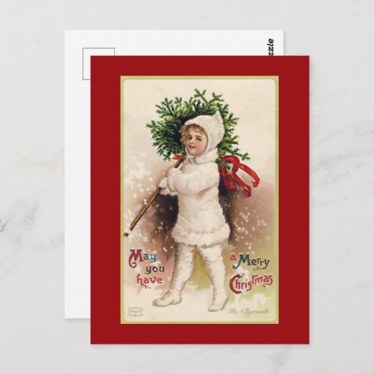 ヴィンテージ「少女と木」クリスマスはがき ポストカード (正面/裏面)