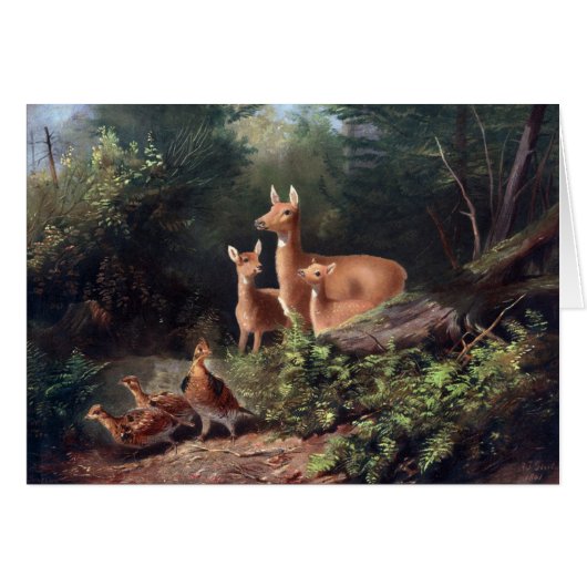 ヴィンテージ-平和な森林場面のシカ、 (正面横)