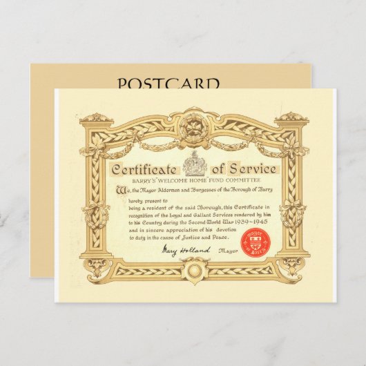 ヴィンテージ、戦役証明書、1945年第二次世界大戦 ポストカード (正面/裏面)