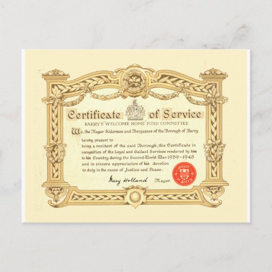 ヴィンテージ、戦役証明書、1945年第二次世界大戦 ポストカード (正面)