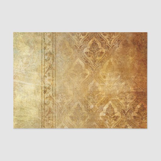 ヴィンテージ、擦り切れた、SHパターン花ダマスク織素朴な、金ゴールド 薄葉紙 (正面)