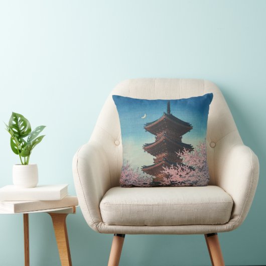 ヴィンテージ 日本の木版画 春の夕べの五重塔 クッション (椅子)
