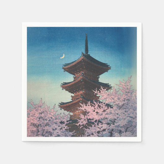 ヴィンテージ 日本の木版画 春の夕べの五重塔 スタンダードカクテルナプキン (正面)