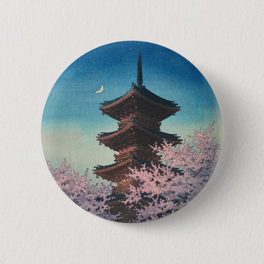 ヴィンテージ 日本の木版画 春の夜の五重塔 缶バッジ (正面)
