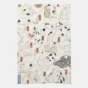 ヴィンテージ 日本の猫アート 浮世絵木版画 キッチンタオル