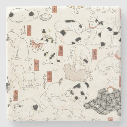 ヴィンテージ 日本の猫アート 浮世絵木版画 ストーンコースター (正面)