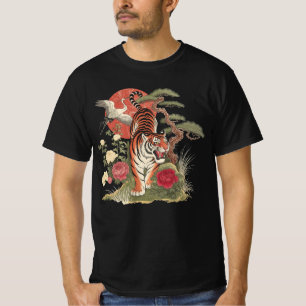 ヴィンテージ 日本の虎鶴アート - レトロ リノカット Tシャツ