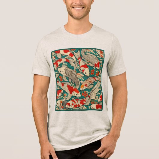 ヴィンテージ 日本の鯉の模様の絵 トライブレンドTシャツ (正面)