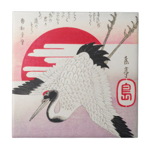 ヴィンテージ 日本の鶴 赤い太陽 浮世絵 タイル