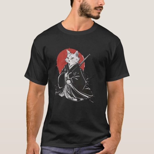 ヴィンテージ 日本 サムライ 猫 浮世絵 スタイル 戦士 Tシャツ (正面)