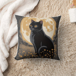 ヴィンテージ 月夜の黒猫と野の花の夜 クッション