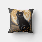 ヴィンテージ　月夜の黒猫と野の花の夜 クッション (正面)