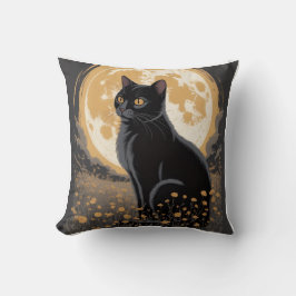 ヴィンテージ　月夜の黒猫と野の花の夜 クッション