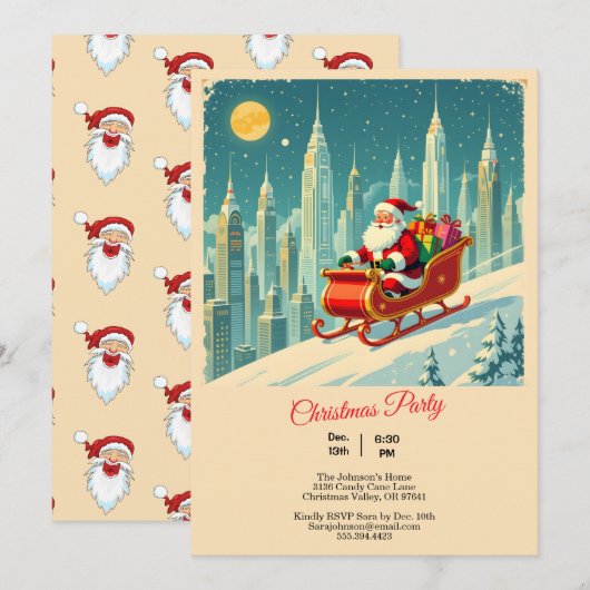 ヴィンテージ＆未来都市サンタのそり クリスマス 招待状 (正面/裏面)