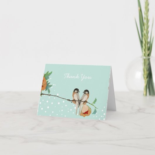 ヴィンテージ 桜の花 愛の鳥 ピンク ミント サンキューカード (正面)