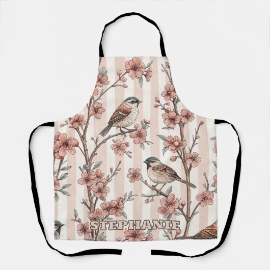 ヴィンテージ 桜 さくら 梅の花 と 鳥の 絵 6 エプロン (正面)