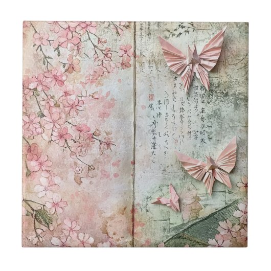 ヴィンテージ 桜 蝶 コラージュ タイル (正面)