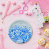 ヴィンテージ《植物》スイレン-モノグラムの青 ペーパープレート (パーティー)