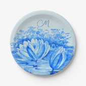 ヴィンテージ《植物》スイレン-モノグラムの青 ペーパープレート (正面)
